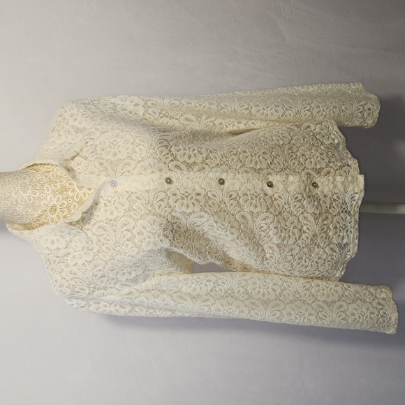 J Jill Women's Ivory Floral Lace Button Down Collared Wool Blend Blouse Size M - Picture 13 of 15